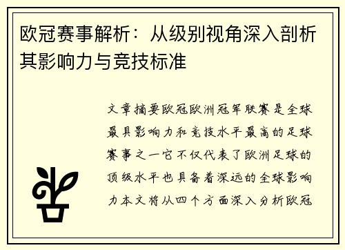 欧冠赛事解析：从级别视角深入剖析其影响力与竞技标准