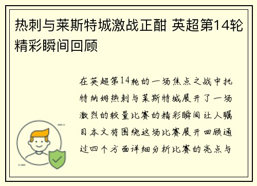 热刺与莱斯特城激战正酣 英超第14轮精彩瞬间回顾 热刺与莱斯特城激战正酣 英超第14轮精彩瞬间回顾