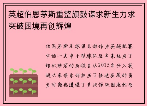 英超伯恩茅斯重整旗鼓谋求新生力求突破困境再创辉煌