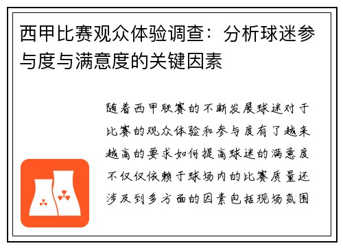 西甲比赛观众体验调查：分析球迷参与度与满意度的关键因素